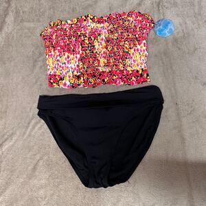 Decree Floral Bandeau Bikini Set Smocked Strapless Black Bottom NWT Small